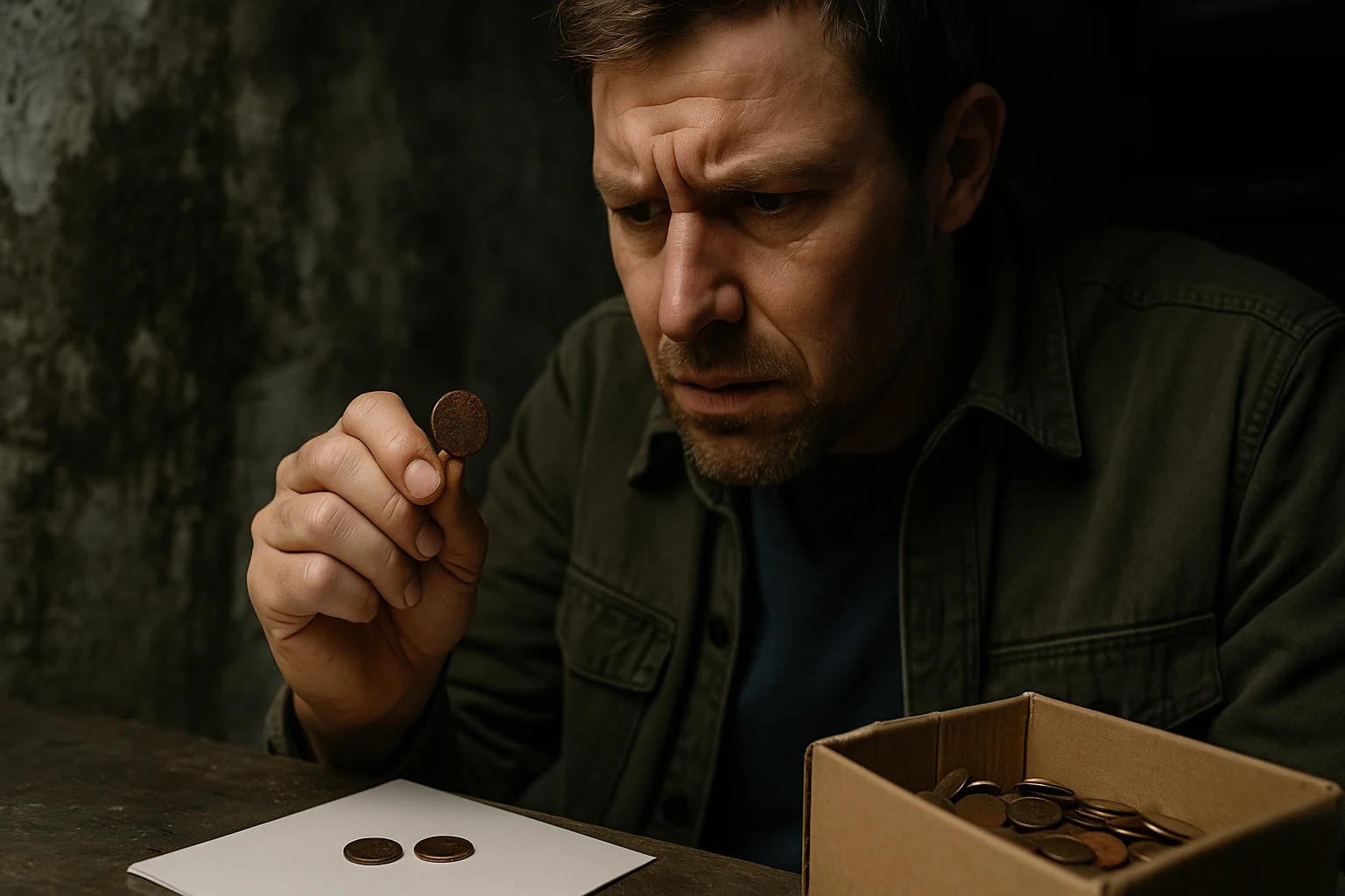 A worried man examines a rusted steel penny found in a damp basement, surrounded by old coin boxes and signs of moisture damage.