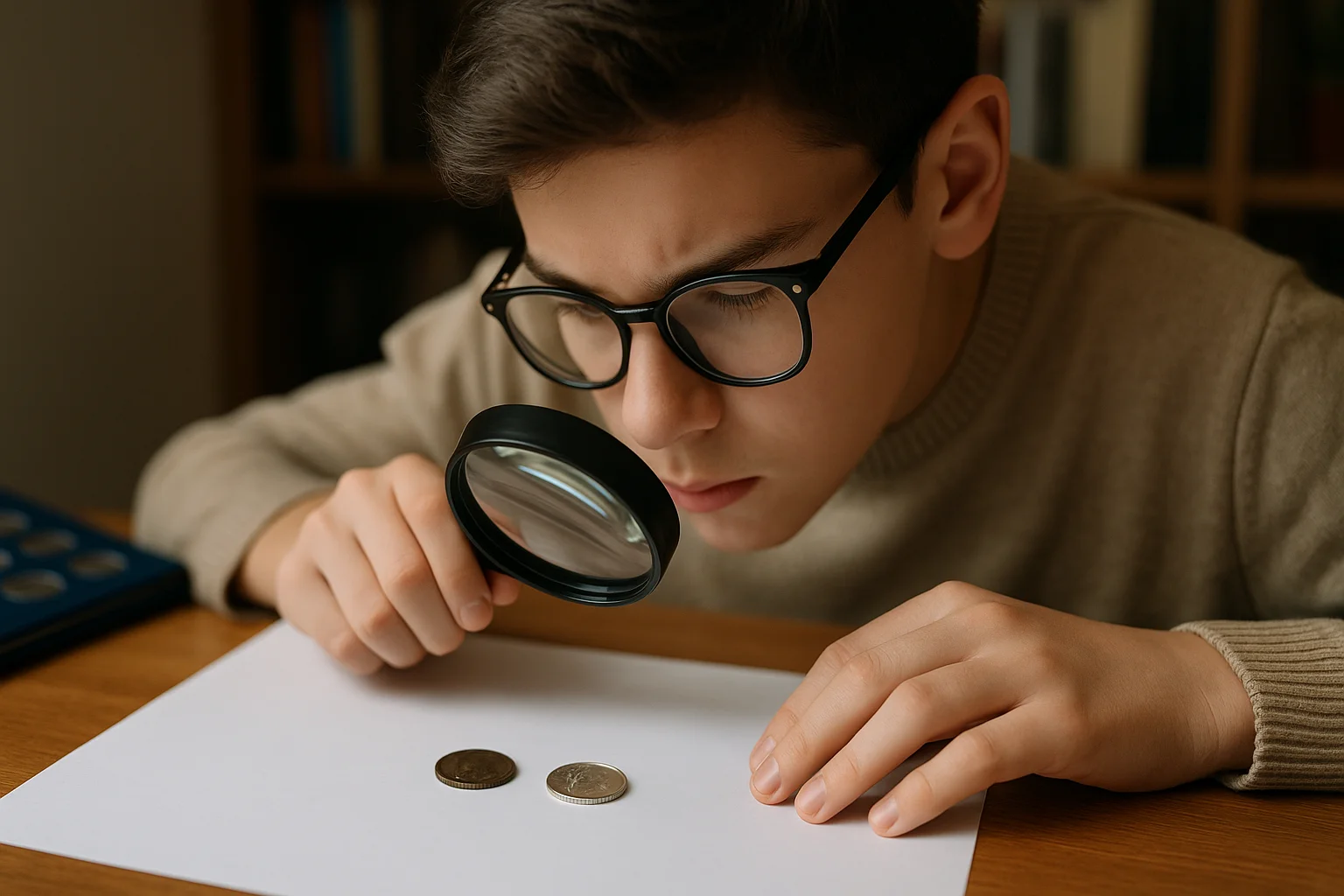 A teenage collector compares a shiny and a darkened 1943 penny under magnification, analyzing the effects of time and storage.