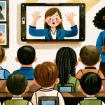 a teacher shows the pictures to the class on the tablet