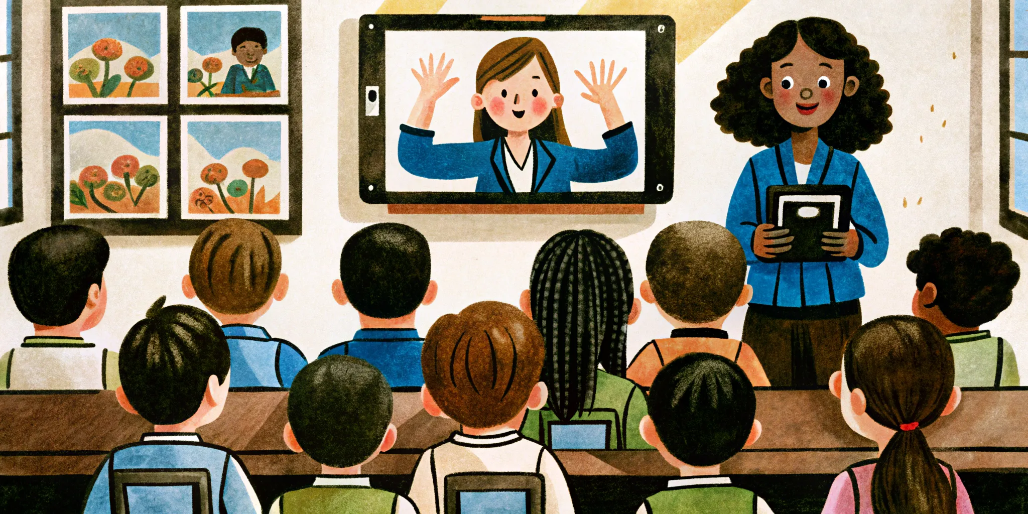 a teacher shows the pictures to the class on the tablet
