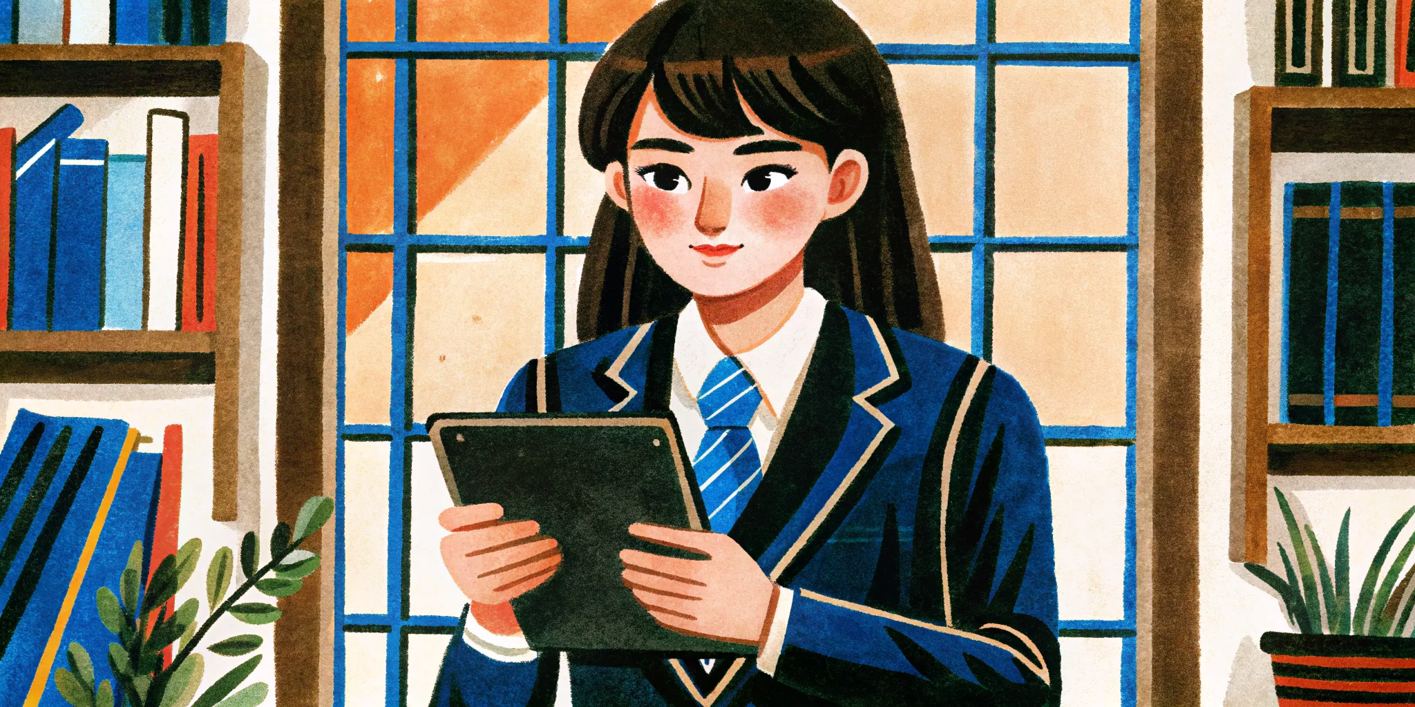 a young woman in a suit uses a tablet to study
