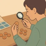 A coin collector sorts samples for a collection of ordinary pennies.