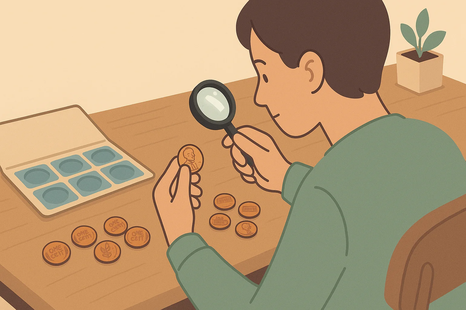 A coin collector sorts samples for a collection of ordinary pennies.