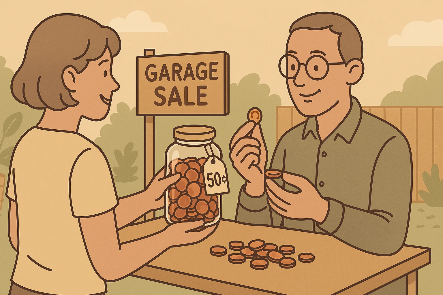 A seller and a buyer chat about coins during the outdoors garage sale.