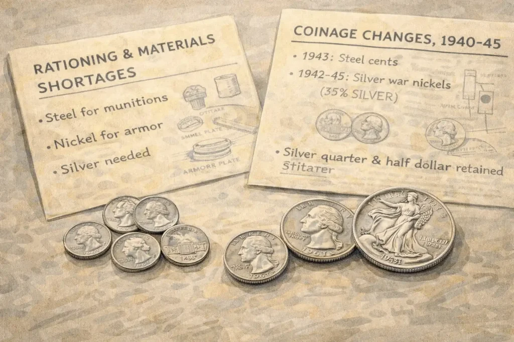 A display of wartime coins and notes about them.
