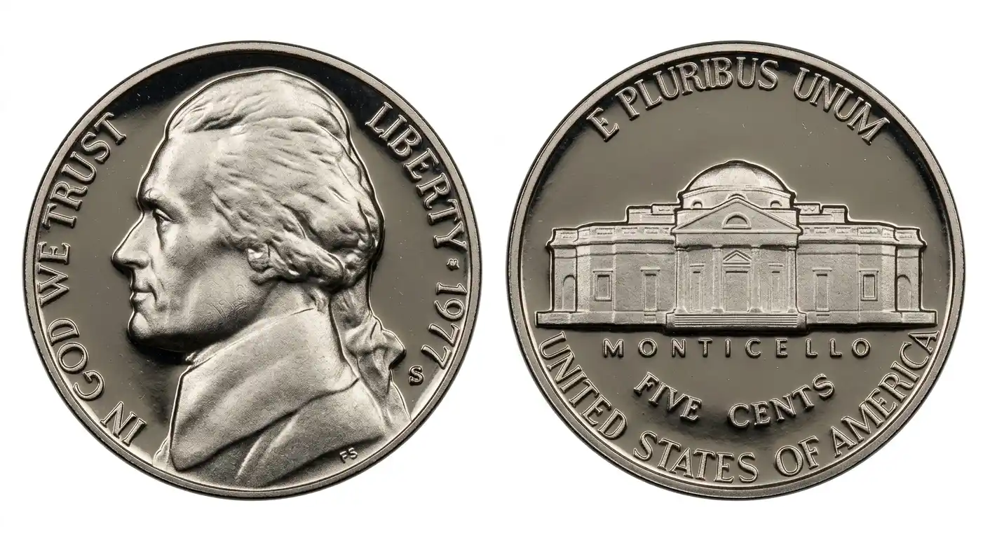 Close-up of 1977 nickel obverse and reverse side by side