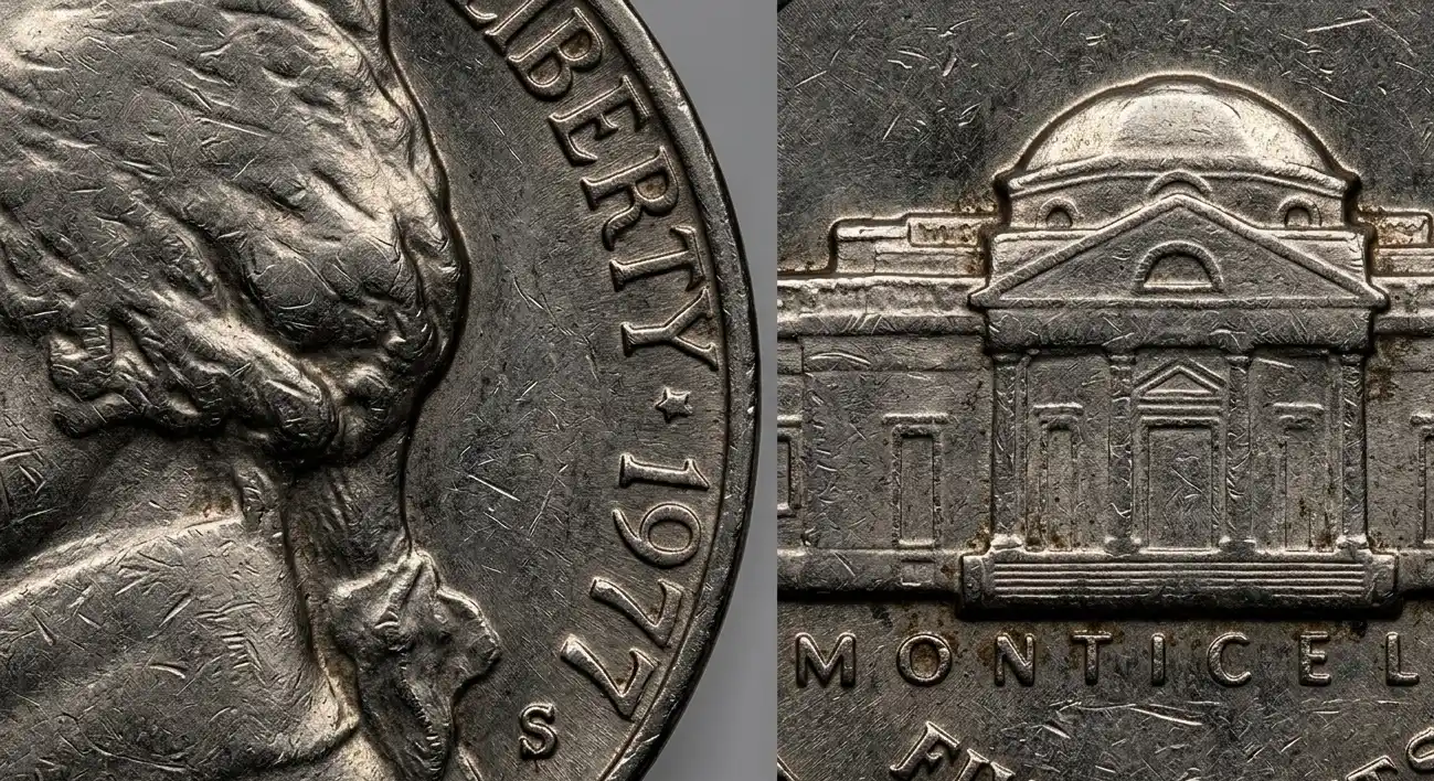 Detailed macro of 1977 nickel surface texture and wear patterns